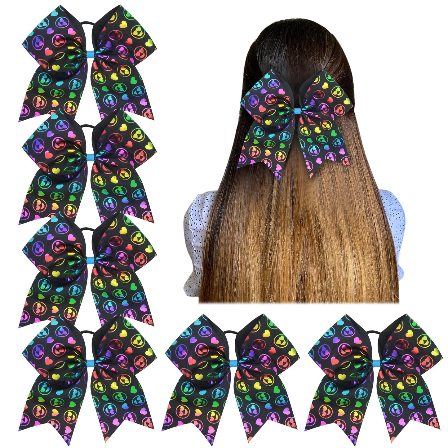 6 Pcs 8"Elastic Cheer Bow Hair bows Boutique Rainbow Grosgrain Ribbon Pigtail Holder For School Girls Teens Cheerleader