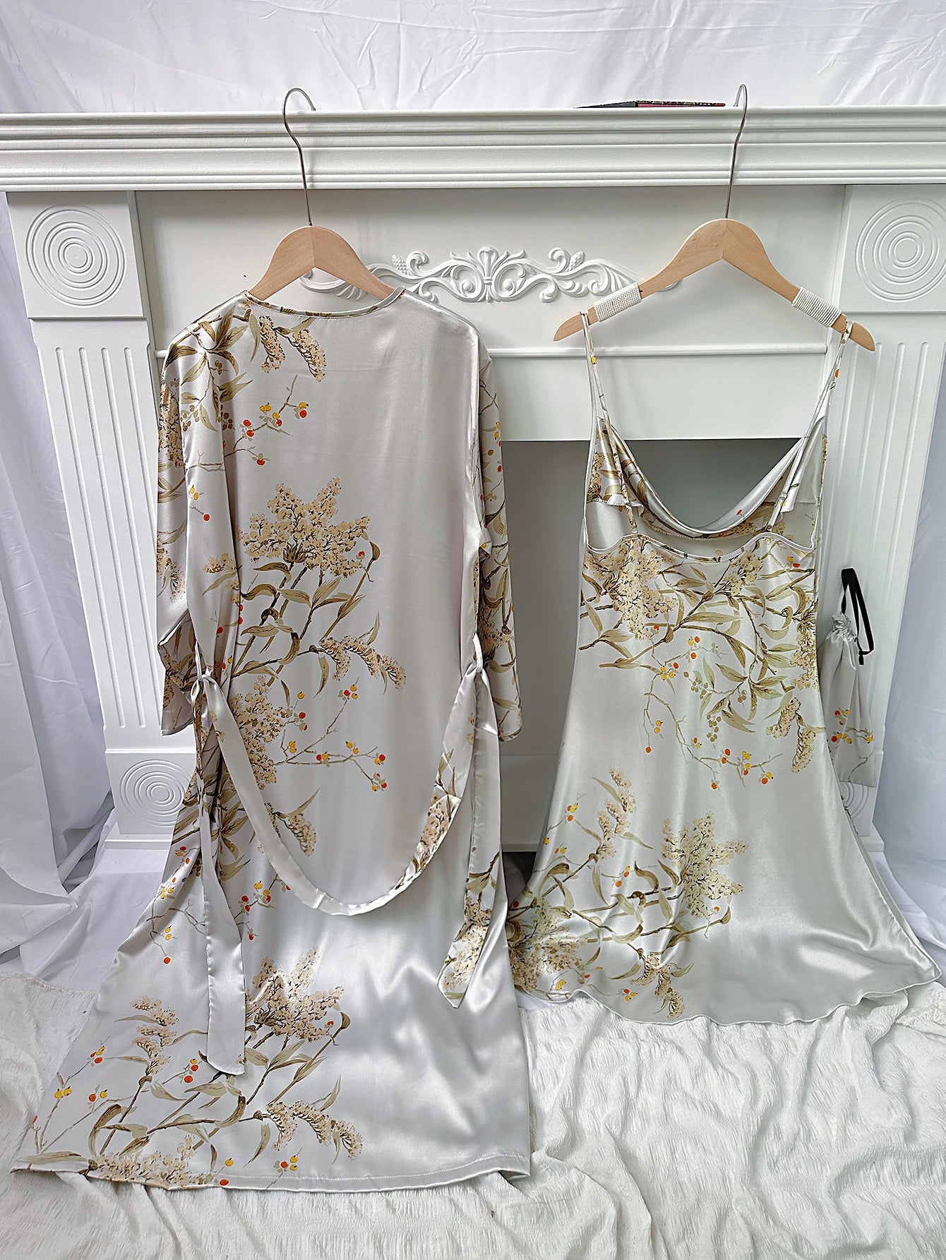 Floral Print Pajamas Set Long Sleeve Robe With Belt   V Neck Slip Dress  Women's Sleepwear  Loungewear