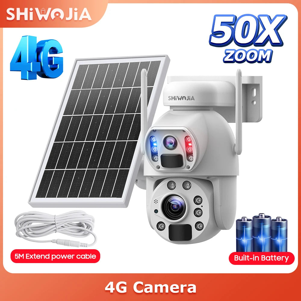 NEW 50X ZOOM 12MP 4G Sim Solar Camera Outdoor 360° Wireless WI-FI Battery Security Cameras Solar Panel PIR Night Vision Recording Home Office Factory Security Systems