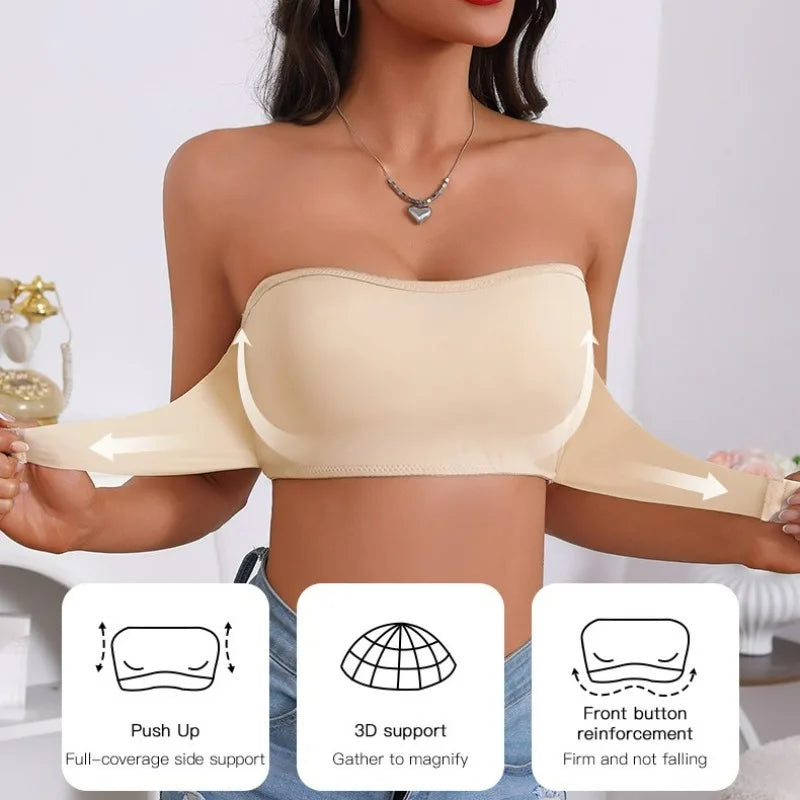 S-XL New Women's Strapless Bandeau Bra Removable Padded Soft Ice Silk Traceless Brasseries Wire Free Seamless Bra Smooth Underwear