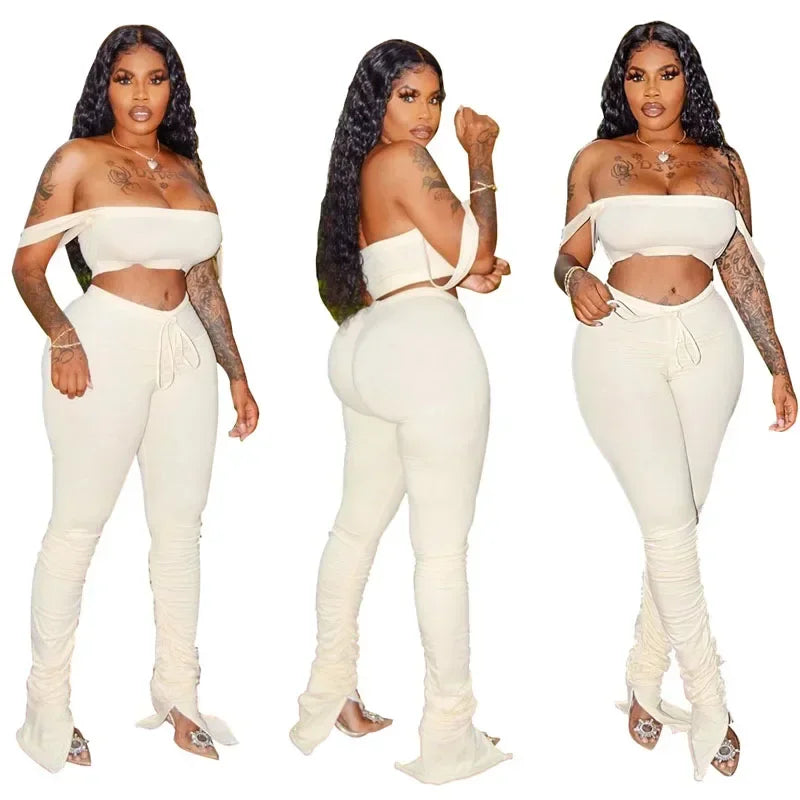 Women Tracksuit Suit 2 Piece Set Skinny Elastic Strapless Tops and Fold Slit Thin Pants Casual Female Sweatshirt Sportswear Suit