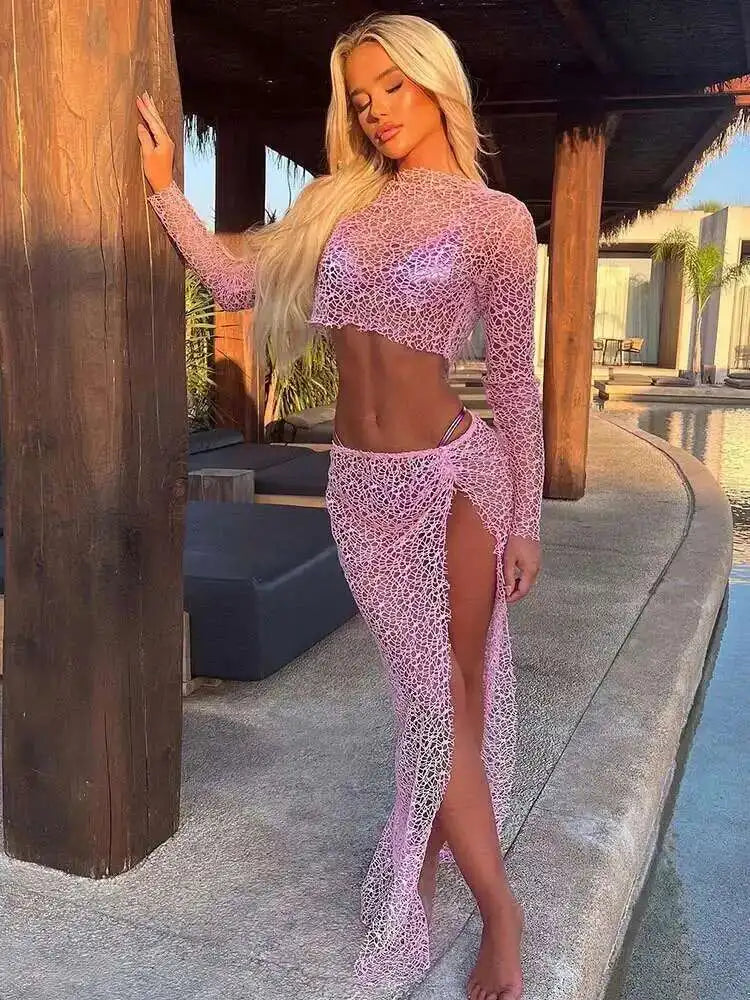 NEW 2PCS Set 5 Colors Perspective Grid Sexy  Long Sleeve Top Split Long Skirt Women Set Elegant Casual Women Set