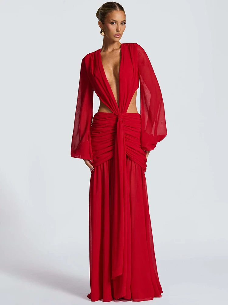 S-L UK Size 4 Colors Leopard  Long Sleeve Sexy Maxi Dress Women Fashion Hollow Out Backless Draped Ruched Bodycon Club Party Long Dress