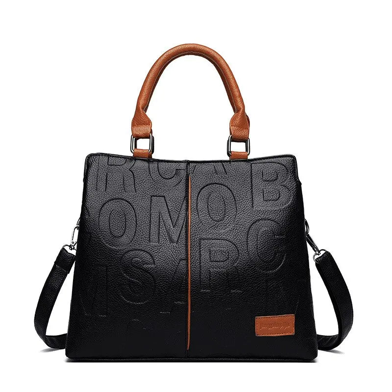 New Fashion Solid Color Shoulder Large Capacity Soft Leather Cloth Letter Embossed Ladies Handbag