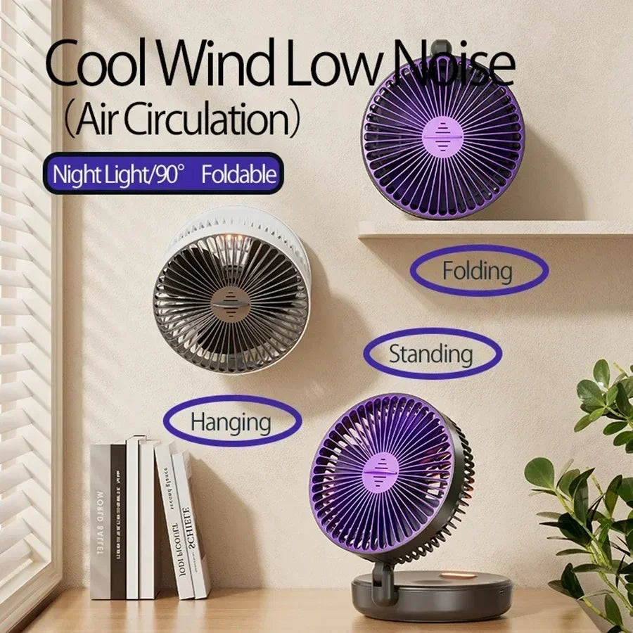 Home Office Rechargeable Table Fan Portable Air Conditioner Wall Mounted Fan 90° Folding Fan 4 Gears with Warm Night Light Home Cooling Accessories