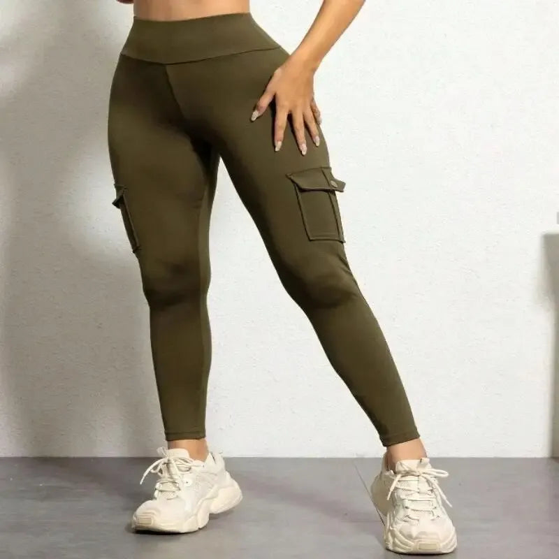 Women's Solid Color High Waisted Fitness Yoga Pants, Practical Pocket Sports Workwear Pants