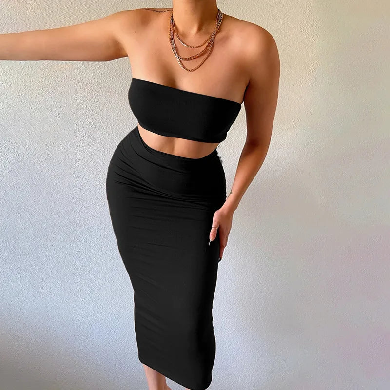 2 PCS Set  5 Colors  European Women's Summer New Fashion Bustier Top with Shrink Fit and Slimming Bodycon Clothes Party Festival Dress Set