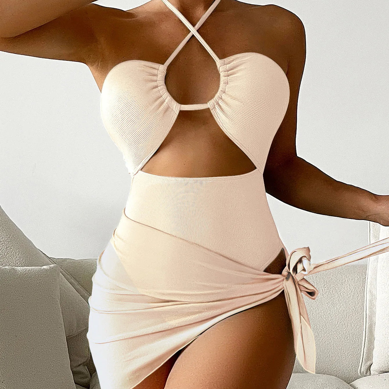 Cikini-Women's Cut-out Halter Swimsuit with Beach Skirt, Sexy Swimwear, Monochromatic Summer Bathing Suit, 1 Piece