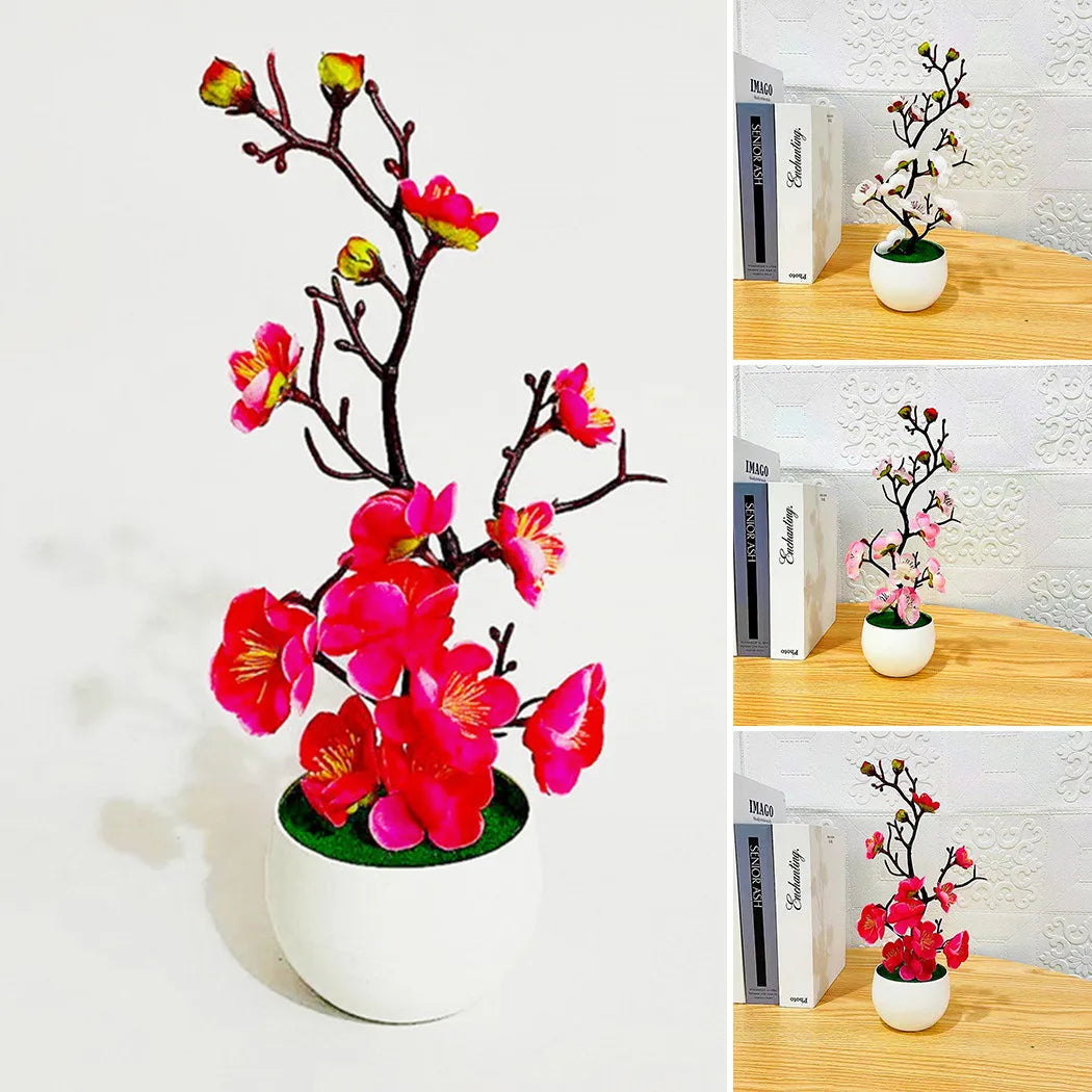 1pcs Bonsai Simulation Silk Plum Flowers Artificial Pot Plant Home Office Plum Blossom Branch Vases Wedding Home Room Decoration