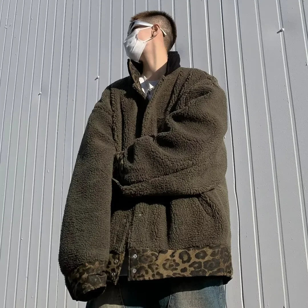 MEN High Quality Luxury Leopard Padded Double-Sided Thicken Jacket Men Fashion Supplies Vintage Winter Snow Clothes Products Lambswool Warm Coat American Loose Warm Parkas Hip Hop Outwear Men Luxury Fashion Clothing Supplies