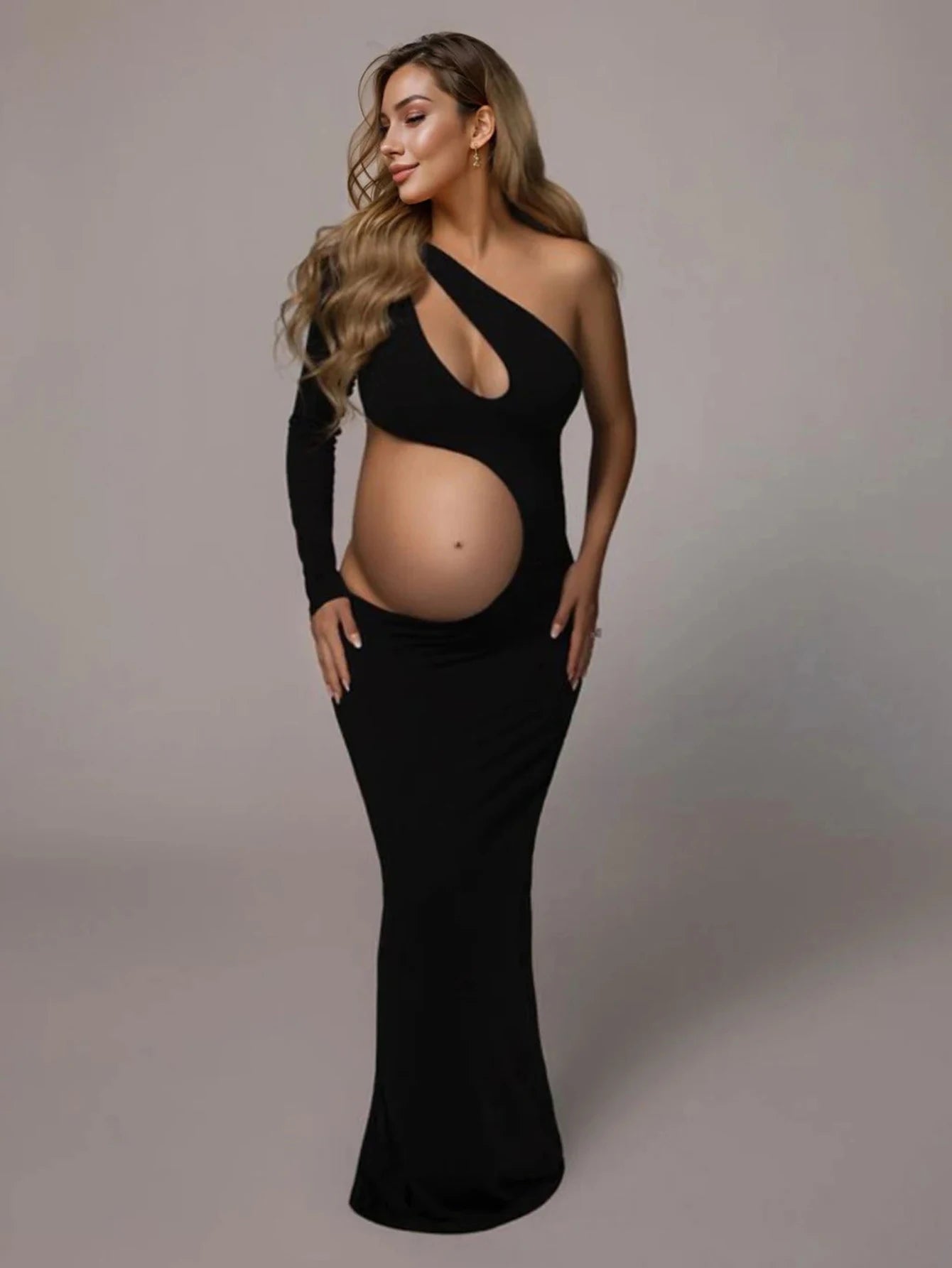 NEW Arrivals S-XL Size Maternity One Shoulder Long Sleeves Belly-Revealing Maxi Dress Baby Shower Gown For Photoshoot