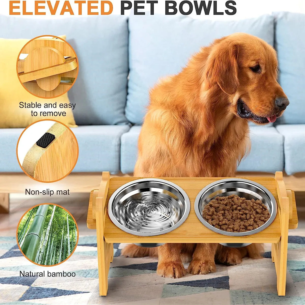 Elevated Pet Bowl for Small Dogs and Cats-Tilted Adjustable Raised Dog Bowls with 2 Stainless Steel Bowls,Non-Slip Bamboo Feeder