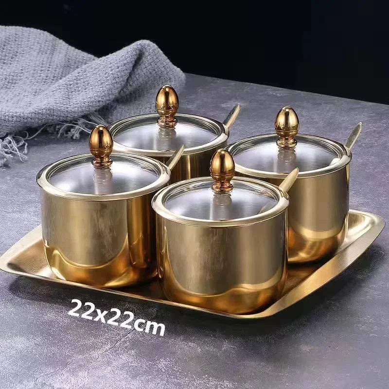 NEW Arrivals 2/3/4 Sets Luxury Golden 304 Seasoning Box Bottle Glass Pot Cap with Spoon Flavoring, Holder Rack Tank Sauce Spice Jar Salt Soy Storage Box Kitchenware Preparing Cooking Tools