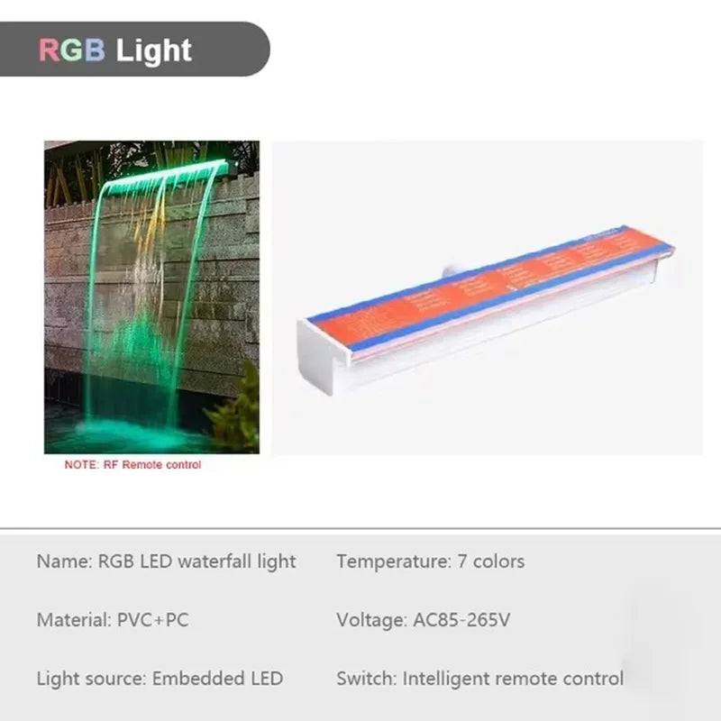 NEW 120CM RGB Remote Control 8 Colors EU/US Plug with Bulbs Automatic Underwater Waterfall Blade Fountain Spa 30/60/90/120cm Water Descent Wall Sheer Descent Cascade Mounted Colorful