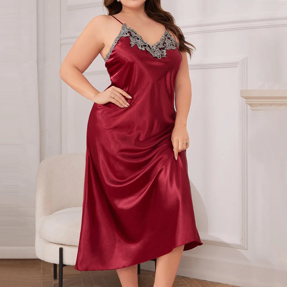 For Curvy Ladies XL-5XL Plus Size Long Nightgown Oversize Sleepwear Big Girls Satin Home Wear Dressing Gown Spaghetti Strap Loose Lingerie Lace Trim Nightwear Loungewear