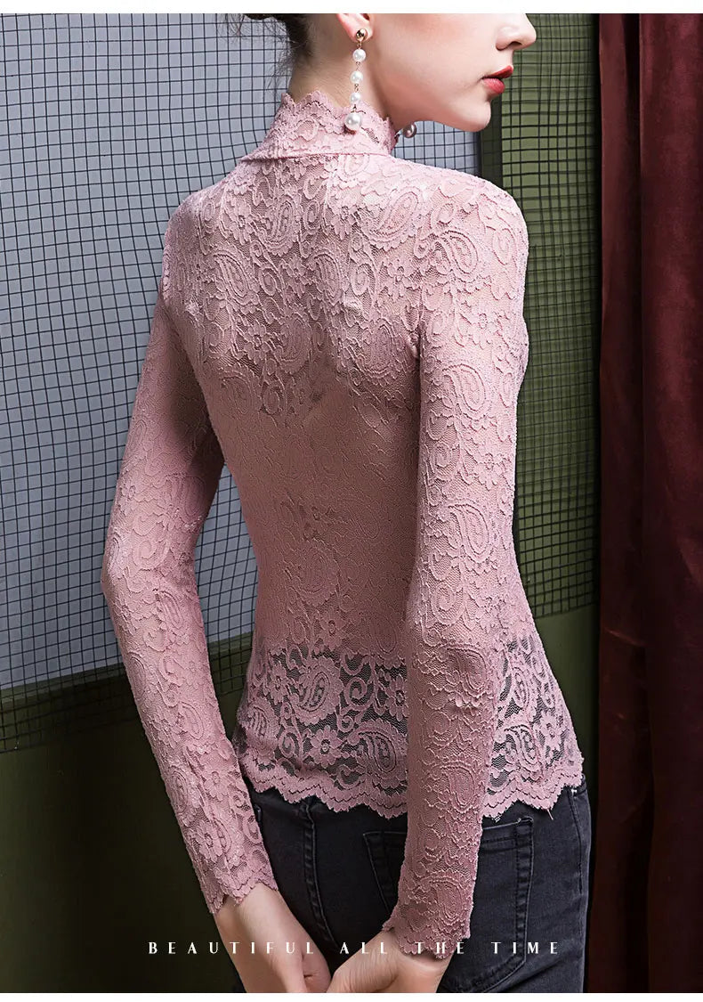 NEW Arrivals S-2XL UK Plus Size 4 Colors Autumn Winter Women Warm Bottoming Pullover Tops Elegant Mock Neck Long Sleeves Shirt Flower Hollow Out Women Lace Blouse