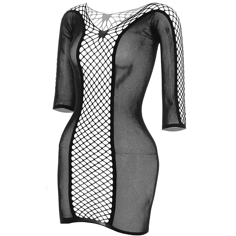 Women Sheer Mesh Long Sleeve Beach Cover Up, Sexy See-Through Fishnet Dress, Solid Bodycon  For Summer Beach Party