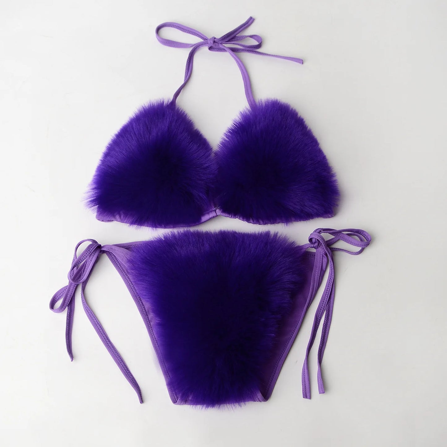 Women Fake Fox Fur Two Piece Swimsuits New Solid Bra Underwear Split Triangle Sexy Bikini Set Faux Fur Swimsuit Plush Swimwear