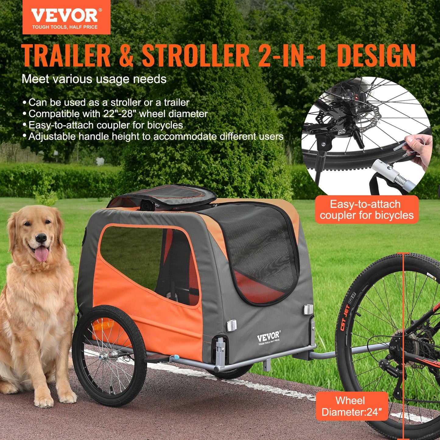 65lbs Dog Bike Trailer 2-in-1 Pet Stroller Folding Cart Frame Bicycle Carrier with Wheels Universal Coupler for Dogs Cats