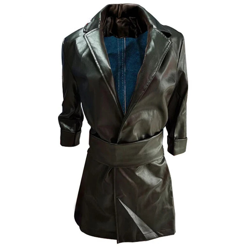 NEW Arrivals Luxury Italian Fashion Leather Women's Dress Sexy V Neck Leather Mid Length PU Leather Waist Closure Dresses Trend Turn Down Dress With Belt Ladies Luxury Fashion Clothing Supplies