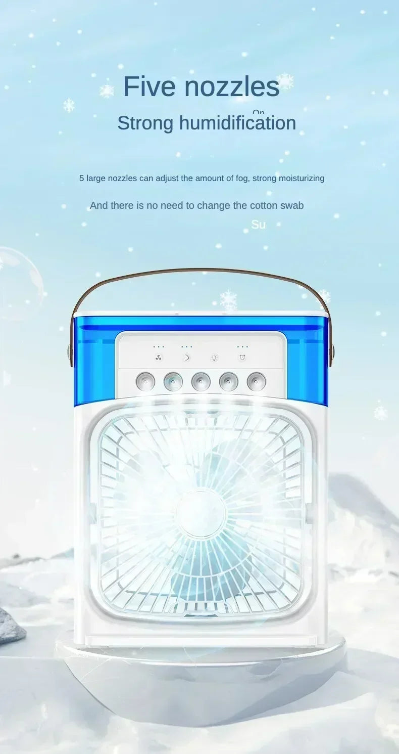 Save Energy Mini Portable Cooling Fan with USB Charging Water Mist Air Conditioner LED Lights Night Light for Home Office Desk Humidifier Cooling Devices.