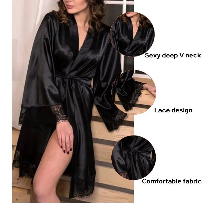 Female Sleepwear Lace Patchwork Long Bathrobes Ladies Nightgown Soft Silk Dressing Gown Bathrobe For Women