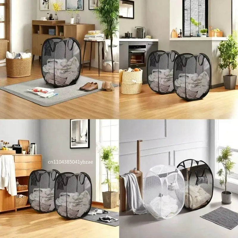 2-10 PCS Set Folding Dirty Laundry Sorting Basket Washing Frame Bathroom Cloth Mesh Storage Bag Frame Bucket Laundry Organizers Storage Pouch Cleaning Accessory Sets