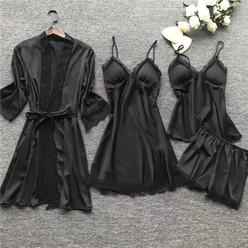 NEW BRANT 4PCS Set S-5XL Plus Size 6 Colors Women's Sleepwear Sexy Silk Ice Fabric Kimono Gown Home Clothes with Chest Pad Thin Material Comfortable Home Wear Ladies Nightgown Sets