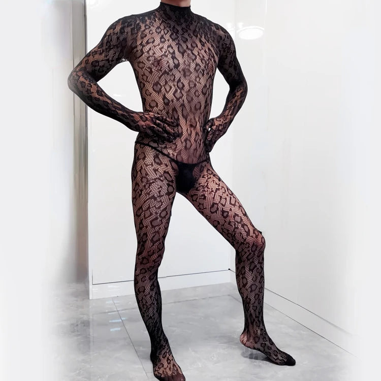 Men's Bodystockings Leopard Bodysuits Male Long Sleeved Gloves One-piece Lingerie Black Fishnet Pajamas Cool Gentlemen Sleepwear