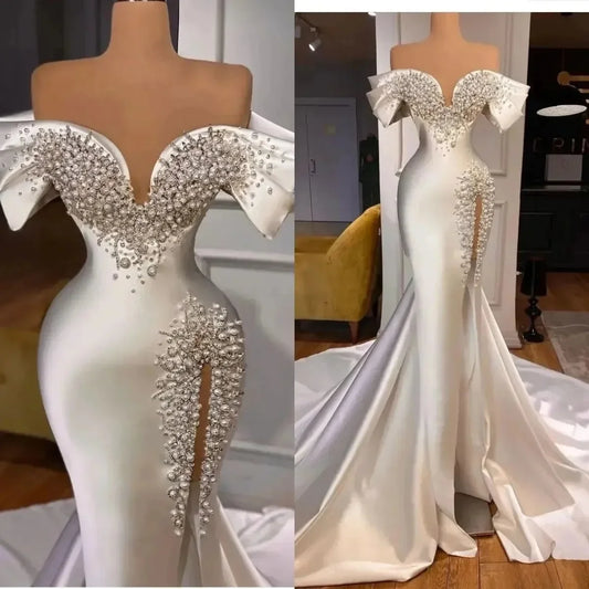 Low-Price Sales are Limited NEW S-3XL White/Ivory Customized Luxury Pearls Mermaid Wedding Dress Off The Shoulder Beaded Split Bridal Gowns Bride Satin Arabic Dubai De Mari Ladies Luxury Fashion Clothing Supplies