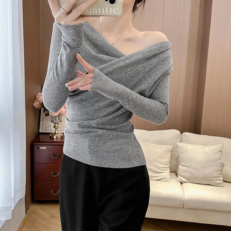 NEW Arrivals S-XL 3 Colors Popular Online Thickened Fleece Long Sleeve Women's Base Shirt Shoulder Bared Oversize Casual Fashion Trend Spring Autumn Ladies Clothes