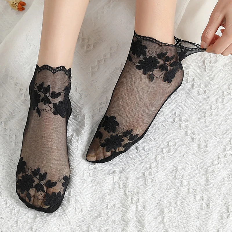 5 Pairs/Lot Socks women's Lace Transparent Lolita Invisible Summer Thin Non-slip Short  Ankle Black Low Cut Boat Sock