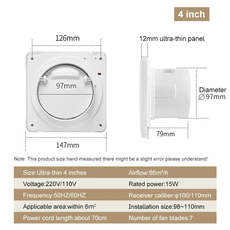 4/6/7 inch Air Ventilator Ultra-Thin Panel Pressurized Exhaust Fan Bathroom Kitchen Waterproof Air Purifier Wall Window Duct Smoke Odors Removal Extractor Fan