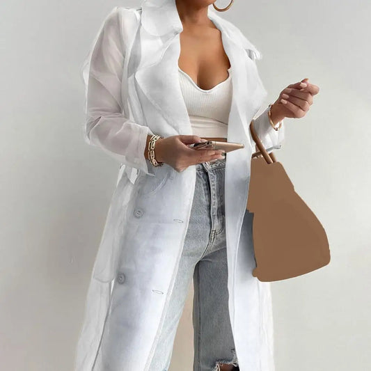 NEW Arrivals Black/White/Coffee Spring Italian Fashion Women Mesh Jacket Puff Sleeve Sunscreen Shirt Net Yarn See Through Spring Summer Lace-Up Long Shirt Thin Coat