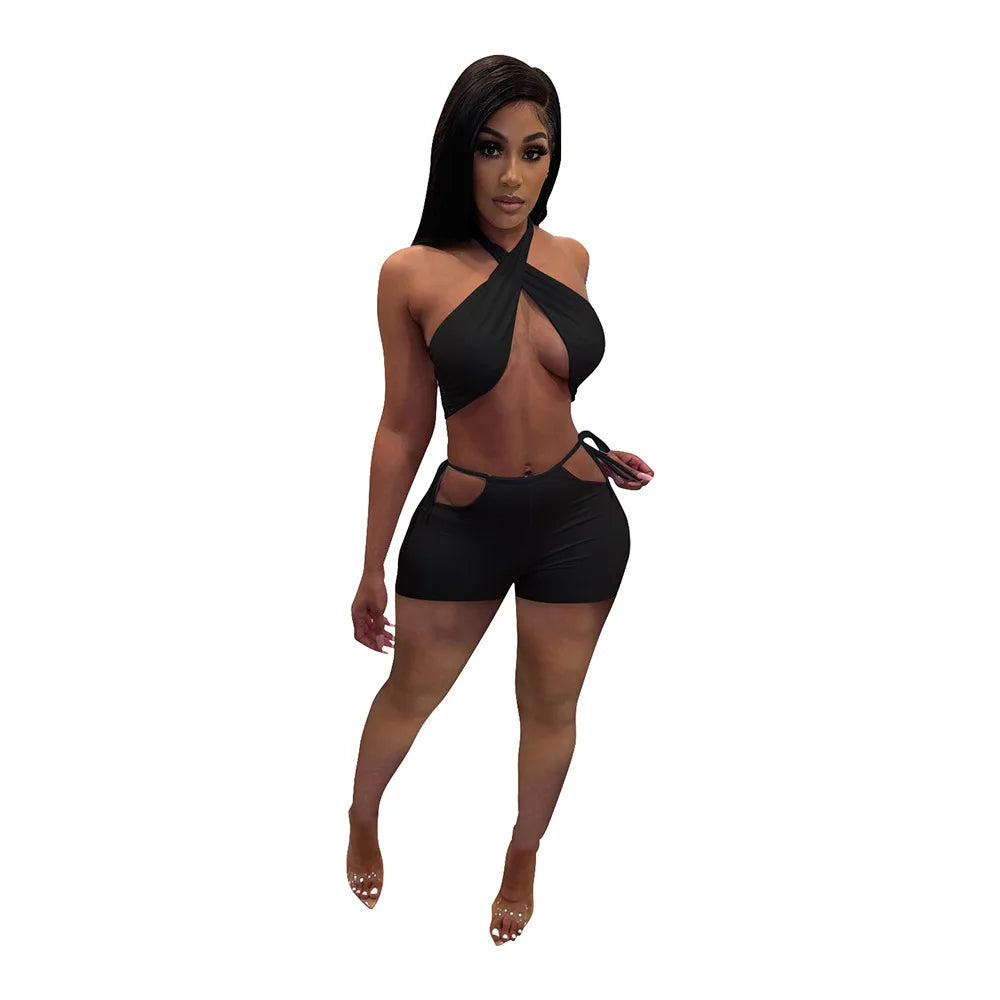 NEW Arrivals 2PCS Set 9 Colors Women Sexy Ruched Bandage Criss Cross Solid Hot Women Spring Summer Backless Evening Beach Party Night Club Crop Top and Shorts Matching Set