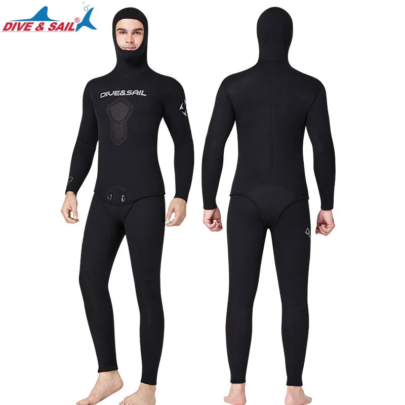 7MM Neoprene Material Thick and Warm S-3XL Extra Plus Size Women Men Wetsuit Top Quality Hooded Split Professional Thermal Diving Suit Water Sports Kitesurf Spearfishing Snorkeling Surfing Suit