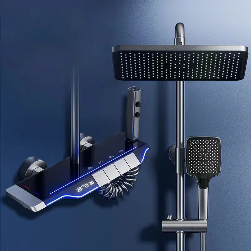 Ambient Lighting Digital Shower System Hot Cold Bathroom Mixer Faucet Rain Shower Head Grey Thermostatic Digital Shower Set