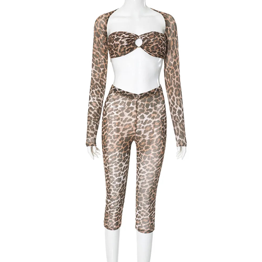 New Sexy Fashion Leopard Transparent Mesh  Long Sleeve Shawl With Lace-Up Tube Tops Perspective Sexy Pant Sets Women Clothing Evening Nightclub Party Outfits Ladies Girls Sexy Fashion Clothing Supplies