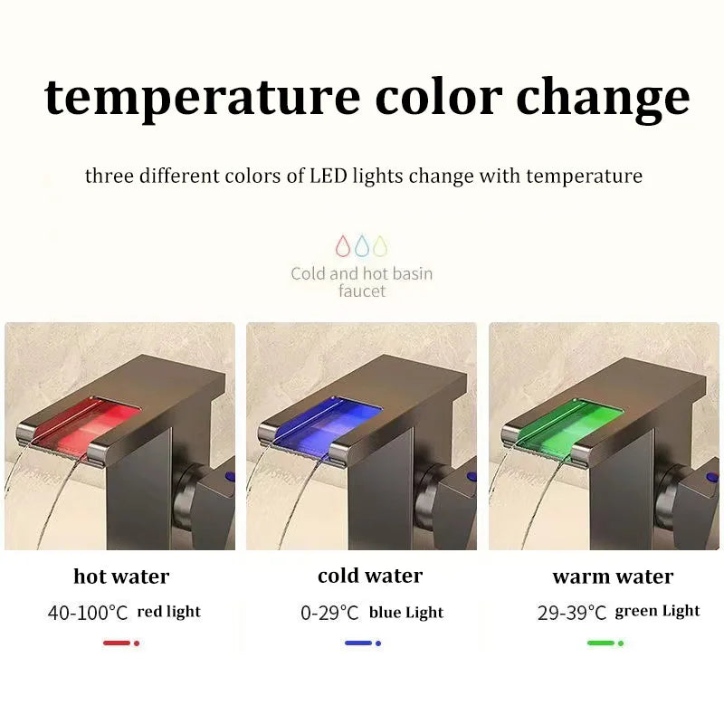 NEW Arrivals Luxury Basin Waterfall Style All-Copper LED Light Luminous Faucet Bathroom + 80cm Hot Cold Pipe Above Counter Basin Household Hot and Cold Water Faucet