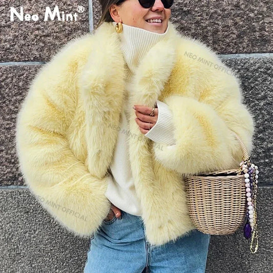 NEW Arrivals UK S-2XL Size White/Yellow Color Neo Mint Winter Women Yellow Faux Fur Jacket Chic Girls Fashion Streetwear Thicken Warm Stand Collar Fox Fur Coat Outerwear