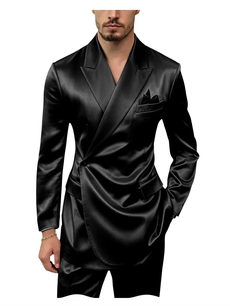 8 Colors 2 PCS Set S-7XL Extra Plus Size Men's Luxury Satin Suit Asymmetrical Wrap Peak Lapel Silk Suit One Button Slim Fit Blazer Pants Wedding Celebrity Red Carpet Business Formal Evening Luxury Outfit