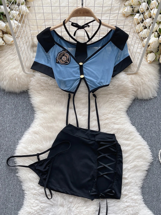 Women Preppy Style Sexy Uniform Sets 2024 V Neck Sheer Top+Lace Up Mini Skirt+Thongs Hollow Out Cosplay Porn Suits