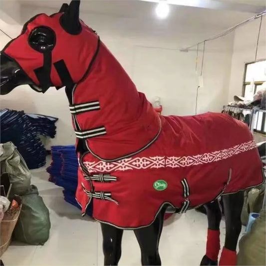 NEW Arrivals Horse Coat 900D Winter Thickened Filling 400g Down Cotton Insulation Waterproof And Antifreeze Harness Equipment Snow Raincoat Blanket with Headband Pets Animals Supplies