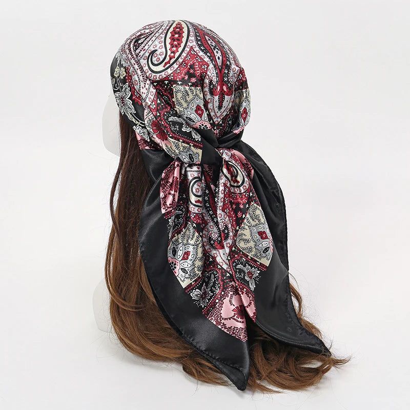 New 90x90cm 18 Colors Silk Shawl Satin Square Scarf For Women Paisley Neckerchief Female New Headband Hair Bands Print Foulard Hijab Wraps Bandana Women Apparel Accessories
