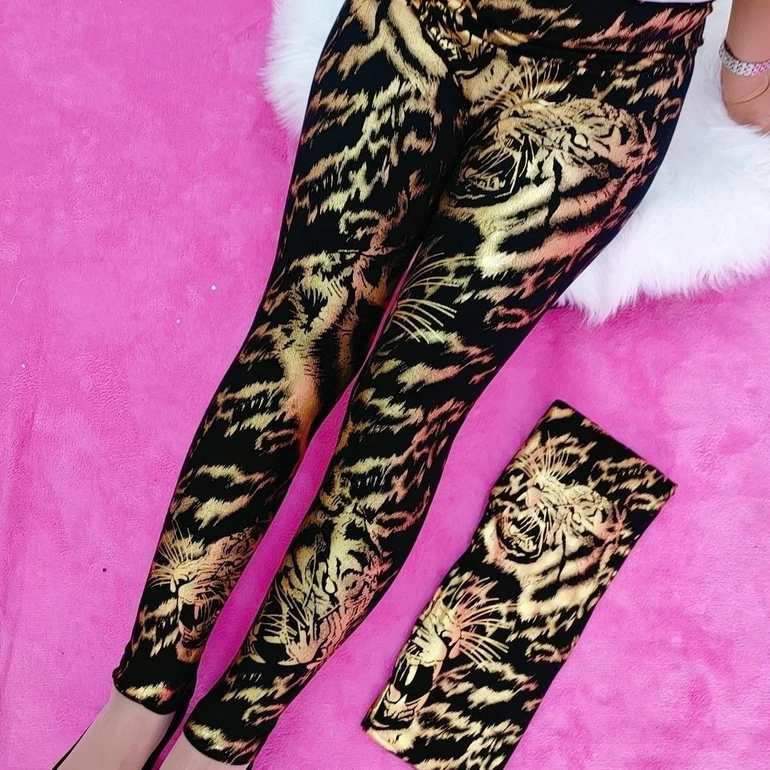 Summer Spring Black Gold Tiger Thin Sequin Women's Leggings Pants High Waist Plus Size Pencil Trousers