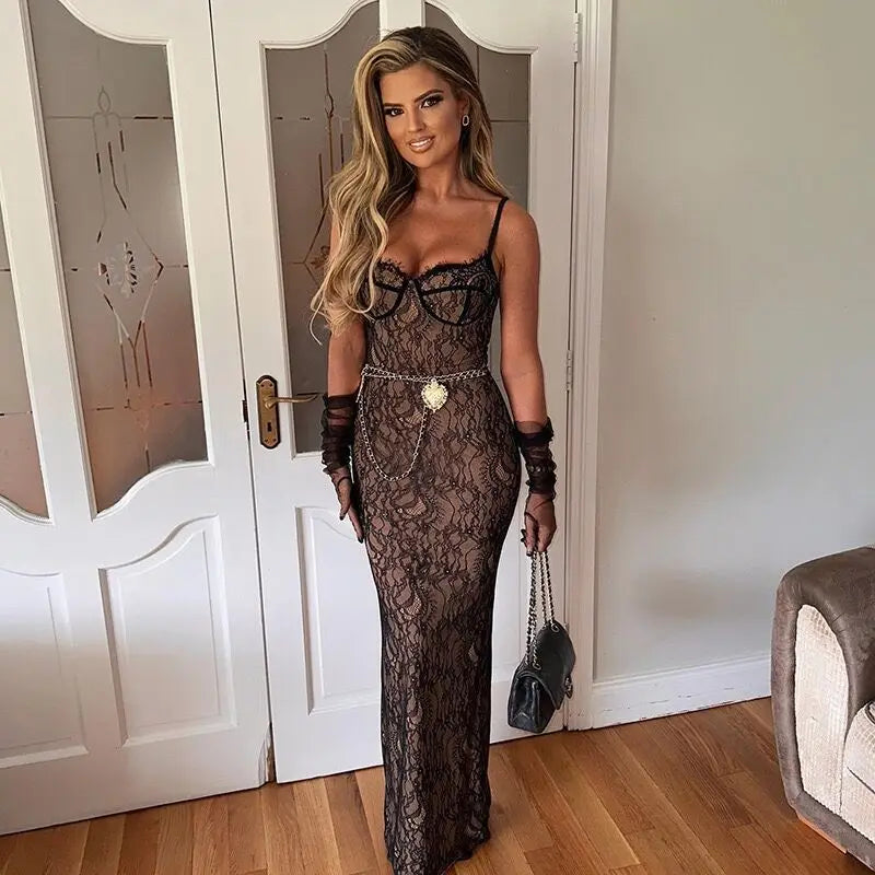 NEW Arrivals White/Black Sexy See Through Backless Lace Maxi Dress Women Off Shoulder Sleeveless Sling Long  Autumn Spring Summer Ladies Party Club Dress