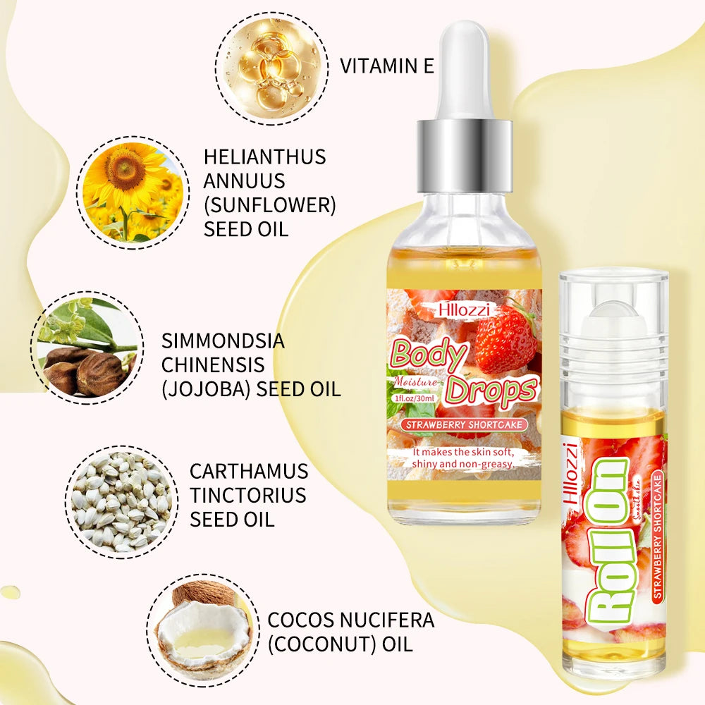 3 PCS Set Strawberry Set Includes 30 ml/1 FL OZ Body Drops and 2 oz/57 g or 8 OZ Body Glaze, Plus a Complimentary 5 ml/0.17 g Roll-On Skin Care Sets Korean Products