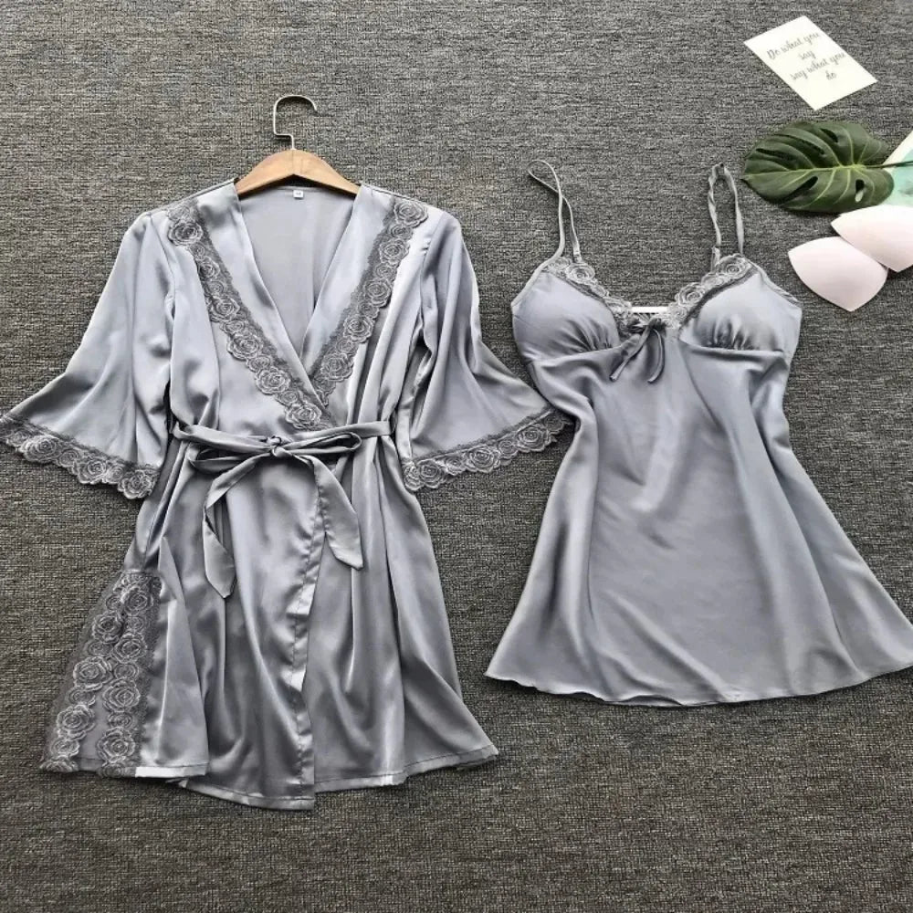 NEW 2PCS Set Female Lace Pajamas Set Satin Home Lace Robe Sleep Suit V-Neck Wedding Nightwear Silk Dress Women Sleepwear
