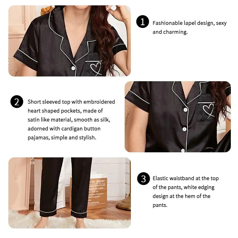 Women's Pajama Pocket Heart Embroidered Pajama Set Satin Comfortable Short Sleeve Button Pajamas Lounge Pant For Women Sleepwear