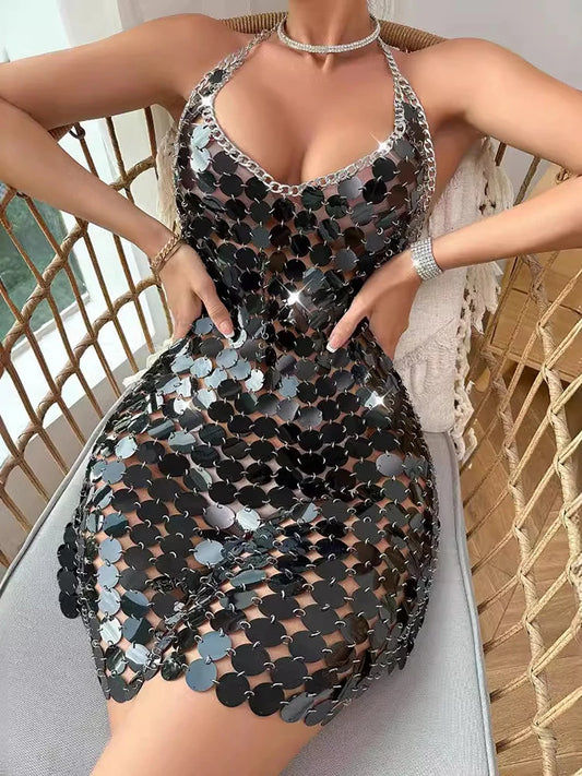 4 Colors Women's Sexy Hot Sequin Chain See Through Mini Dress Halter V-Neck Backless Bodycon Evening Party Dress For Club Night Out Sexy Mini Dress